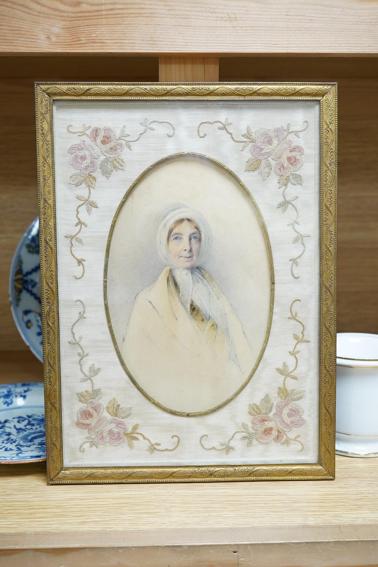 Alexander Day (1772-1841), Portrait of Marie Marshall, inscribed verso in pencil, unsigned, oval watercolour, 19 x 12cm, housed in an embroidered mount and gilt frame
